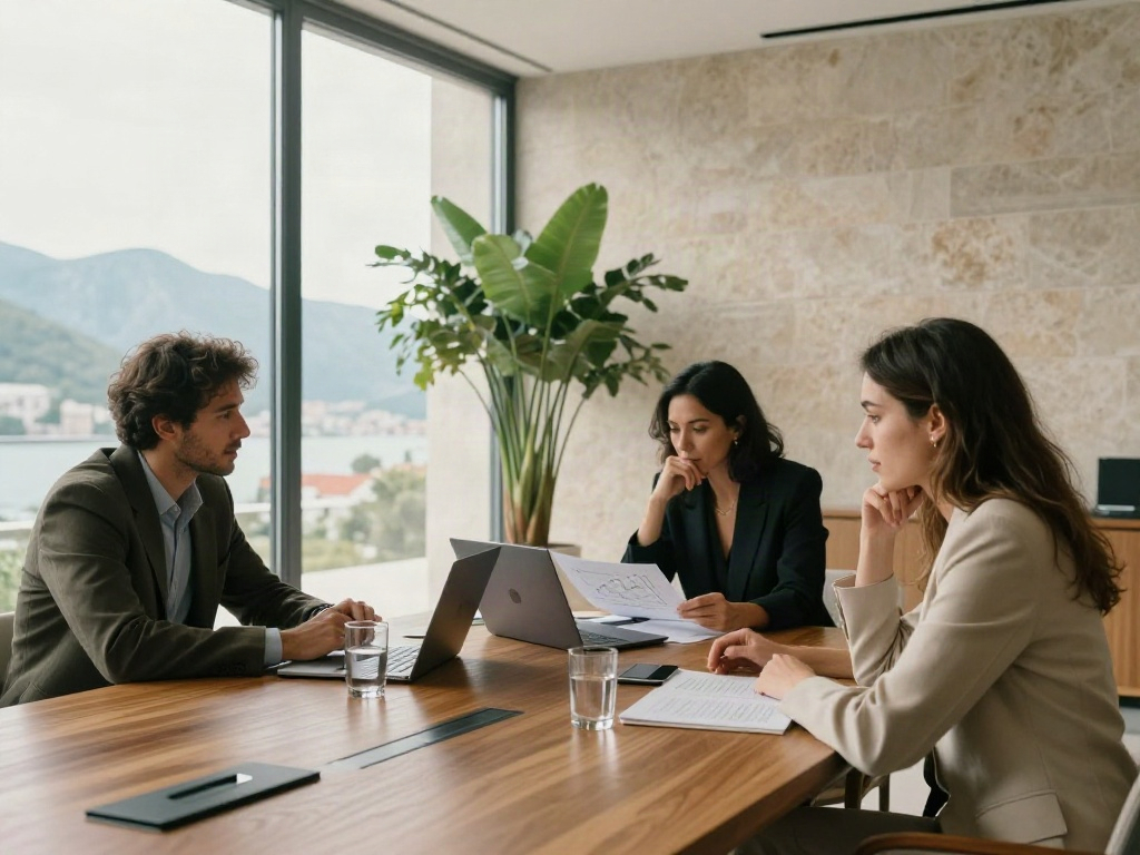 Consultants discussing business strategy around a walnut conference table in a sunlit boardroom